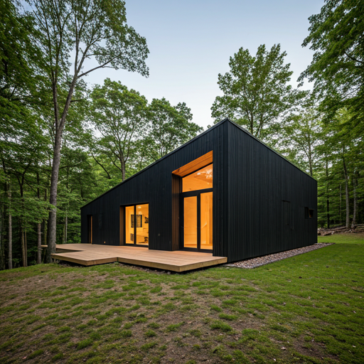Modern geometric black wood house integrated into a wooded landscape with large deck