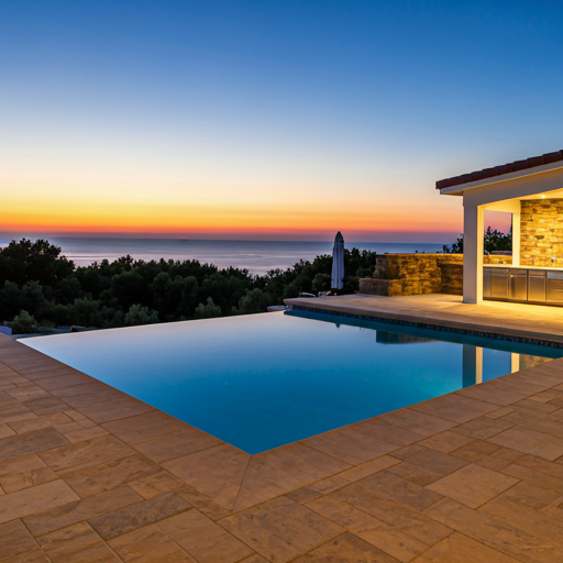 Stunning infinity pool at sunset with stone patio and modern outdoor kitchen area with soft illumination