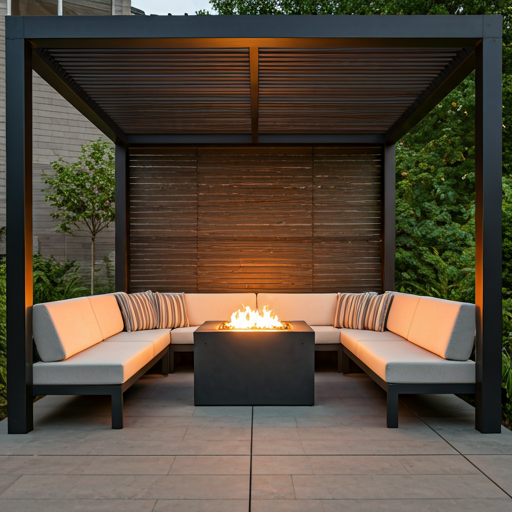 Modern outdoor lounge area with fire pit and comfortable designer seating under a pergola