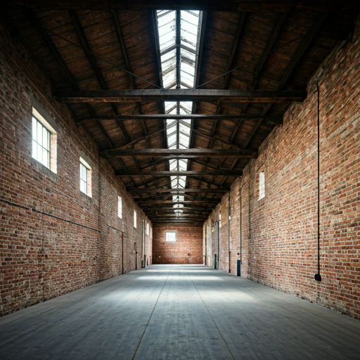 Interior of an old warehouse with exposed brick and dusty rafters