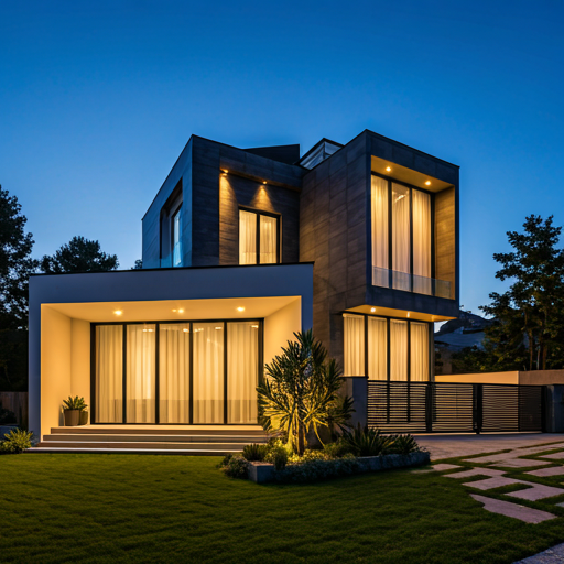 Ultra-modern luxury villa exterior with dramatic architectural lighting and professional landscaping at twilight