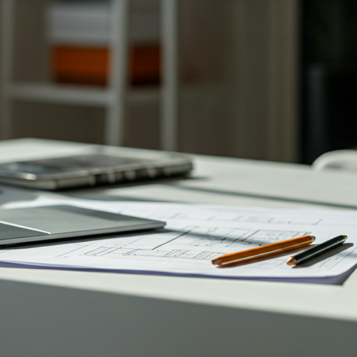Modern architectural office with blueprints and high-end materials on a white desk, soft morning sunlight hitting the surface