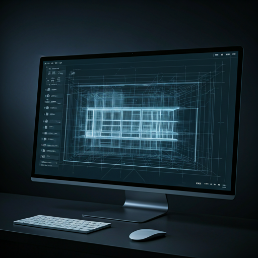 Detailed 3D architectural render on a high-resolution screen in a dark studio setting, glowing blueprint lines