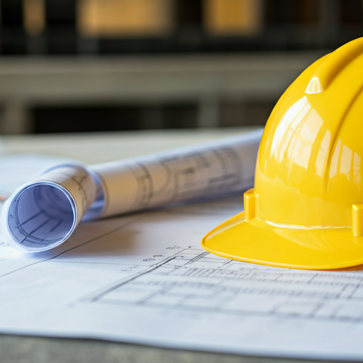 Close up of structural engineering drawings and a yellow hard hat on a construction site, blueprints in focus