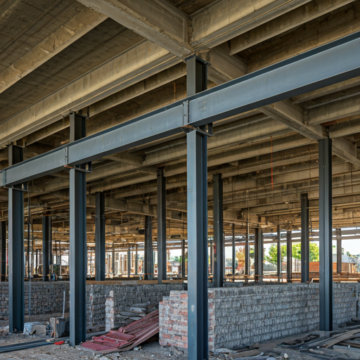 Action shot of high-end construction phase with steel beams and precise masonry work, industrial but clean aesthetic