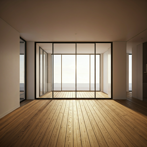 Interior of a finished luxury home with minimalist design, large windows, and sunlight pouring across hardwood floors