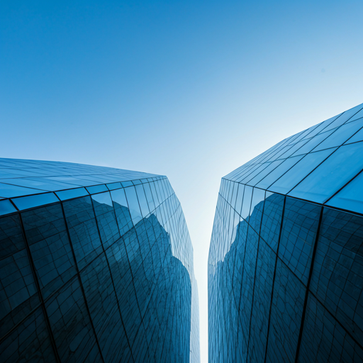 Dramatic low angle shot of a modern glass skyscraper reflecting a clear blue sky with sharp architectural geometry
