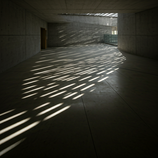 Interior view of a modern concrete building with sunlight streaming through structural slats creating rhythmic shadows