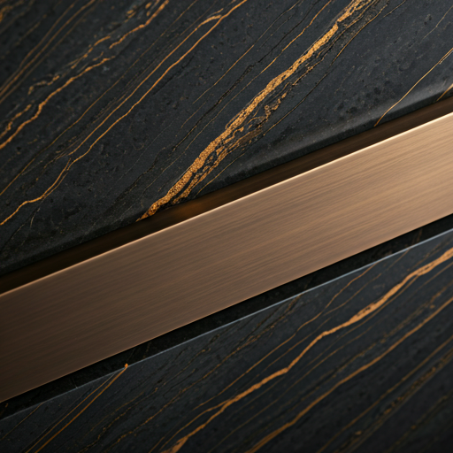Close up detail of high end architectural materials including dark marble and brushed bronze hardware